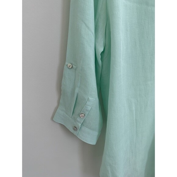 Fridaze Shirt Women’s Medium Linen Green 3/4 Sleeve Roll Tab Button Linen Blouse - Picture 4 of 7